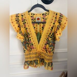 FARM Rio Yellow Floral V-Neck Smocked Peplum Top